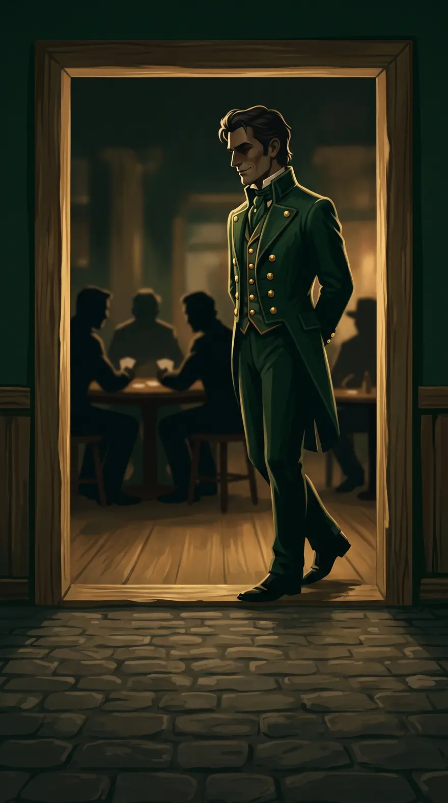 A man in a waistcoat with brass buttons, his face in shadow